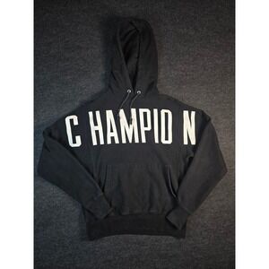 Champion Reverse Weave Black Hoodie Sweatshirt Logo Spellout Size Small